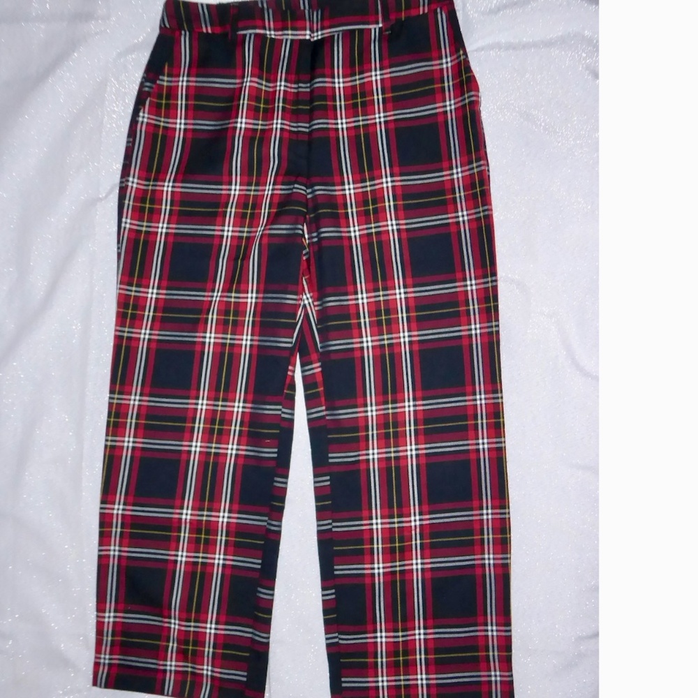 WOMENS PLAID PANTS RED BLACK WHITE TROUSER STRAIGHT CROP COLLUSION UK 14/US 10